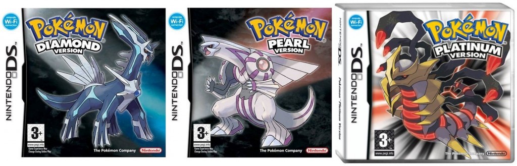 Capas dos jogos Pokémon Diamond, Pokémon Pearl e Pokémon Platinum