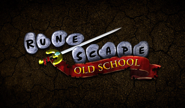 Imagem com fundo marrom. Ao centro, o nome do jogo Rune Scape é cortado ao meio por uma espada. Logo abaixo, uma fita vermelha com os dizeres Old School, em letras douradas.