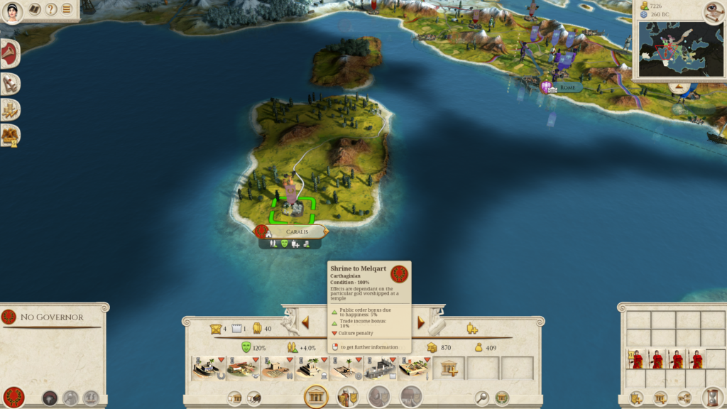 Painel de cidades em Total War: Rome remastered