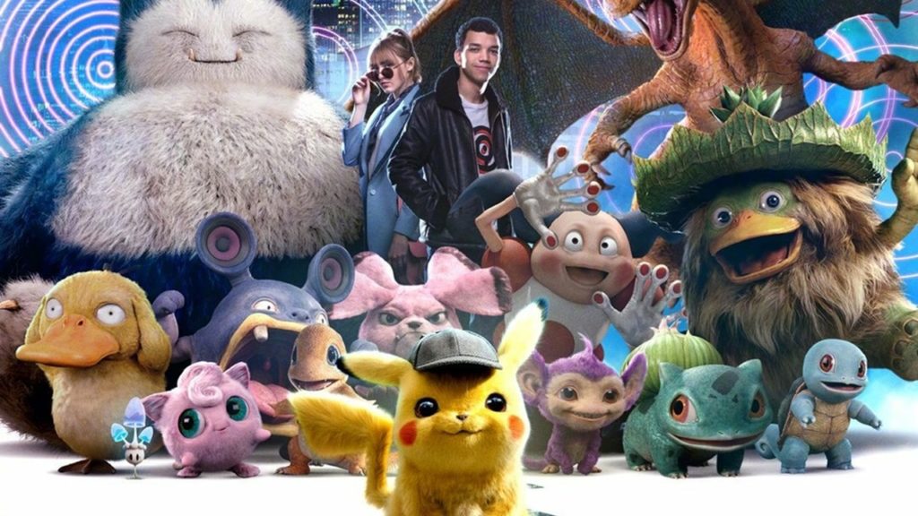 Imagem ilustrando a adaptação de um jogo em um filme, apresentando as versões live action de diversos pokémons do filme Detetive Pikachu