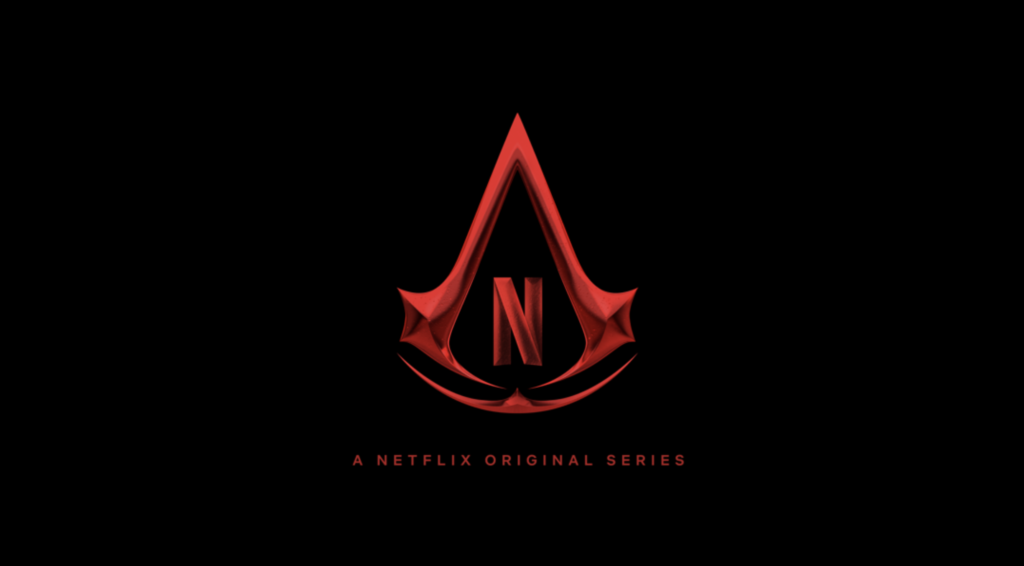 Logo da Ordem dos Assassinos em vermelho sobre fundo preto, fundida à logo da Netflix. Publicação sobre jogos adaptados para filmes