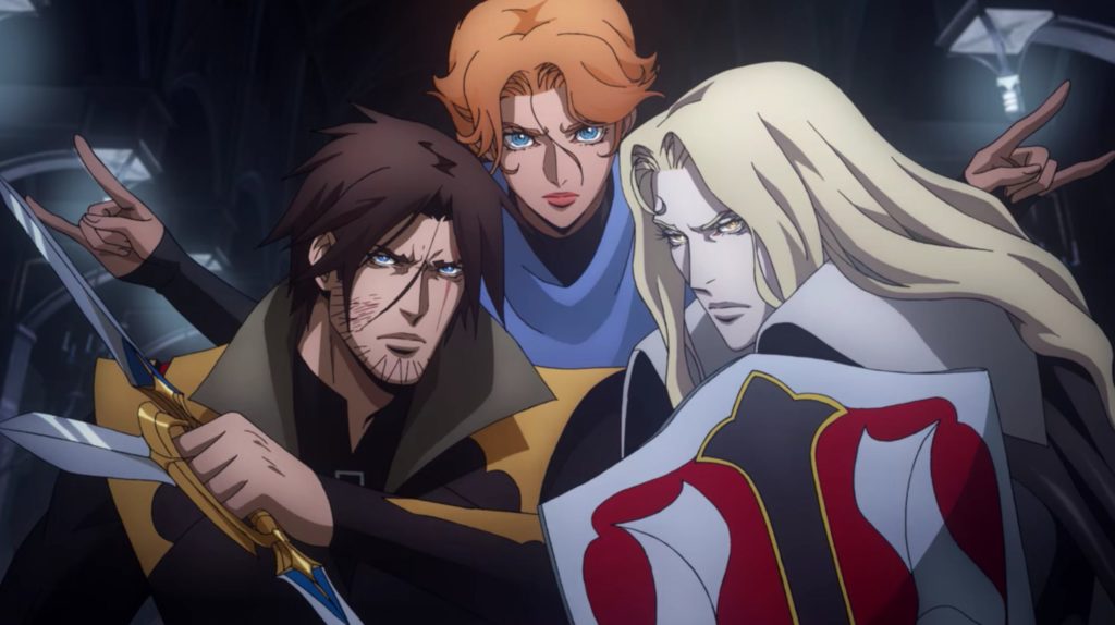 Imagem mostra os três personagens principais da adaptação em série do jogo Castlevania