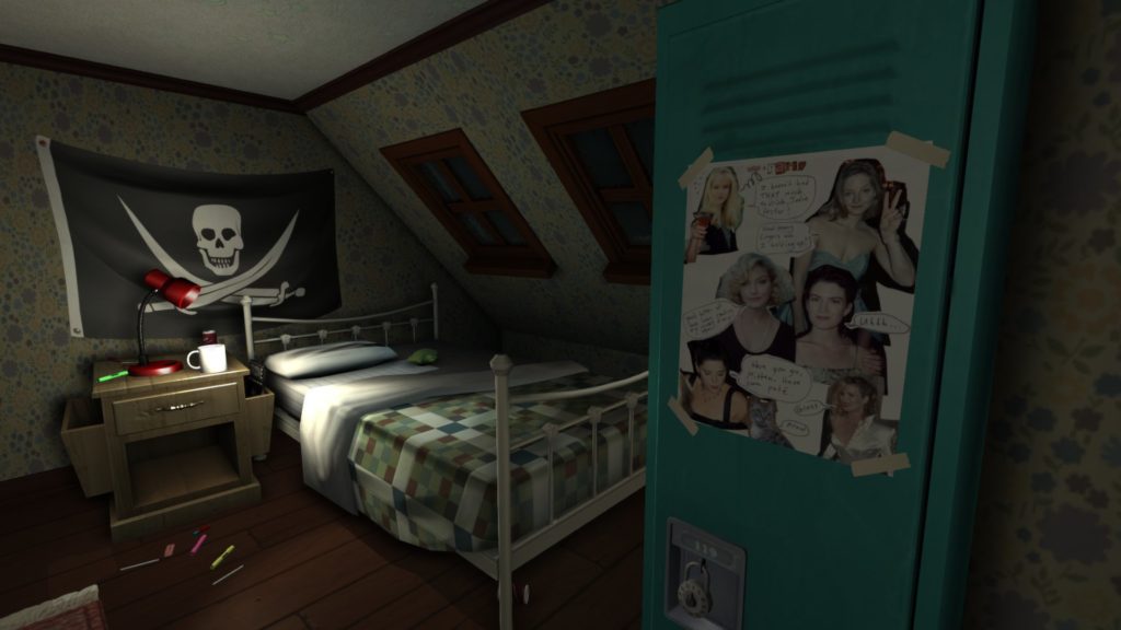 Um dos quartos na casa em Gone Home. Há colagens de mulheres em um armário na frente, ao fundo uma bandeira de pirata estendida na janela.