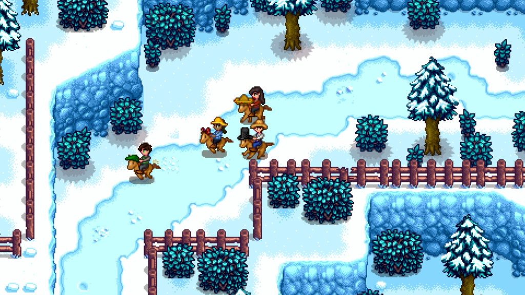 Jogo em Pixel art, mostra um campo nevoado, com árvores sujas de neve e 4 personagens montados em cavalo, todos personalizados, correndo para a esquerda. jogo em promoção na Summer Sale