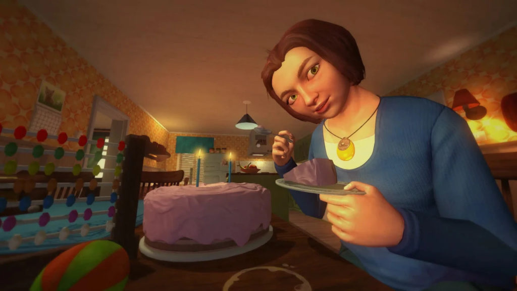 Mãe do bebê de Among the Sleep segurando um prato com um pedaço de bolo rosa, olhando para a câmera