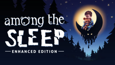 Poster oficial de Among the Sleep, com logo à esqueda, e o bebê com seu ursinho em uma lua à direita