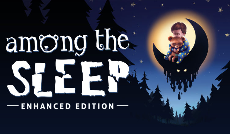 Poster oficial de Among the Sleep, com logo à esqueda, e o bebê com seu ursinho em uma lua à direita