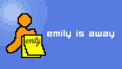 Capa de Emily is Away, com um boneco de pixel segurando um post-it escrito emily pixelado, e o logo à direita, escrito com letras de computador