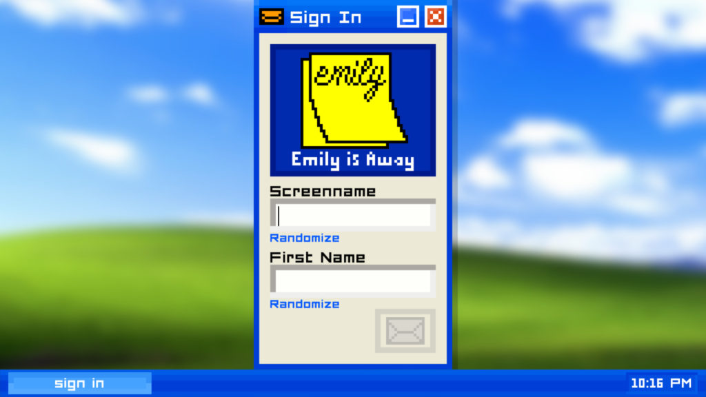 Tela de login de Emily is Away. Uma janela com o logo do jogo em cima, um espaço para o screenname e outro para first name (primeiro nome)