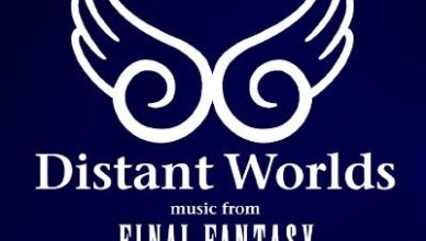 Logo Distant Worlds - Um par de asas brancas em um fundo azul marinho com os dizeres Distant Worlds music fom Final Fantasy