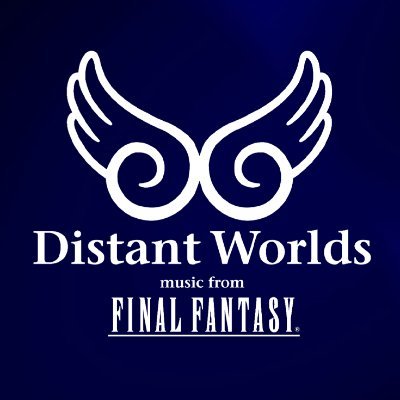 Logo Distant Worlds - Um par de asas brancas em um fundo azul marinho com os dizeres Distant Worlds music fom Final Fantasy